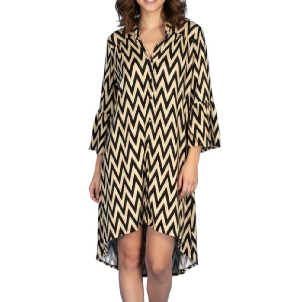 L & B Lucky & Blessed BEIGE/BLACK CHEVRON Stretch Knit HI-LOW TUNIC TOP Sz XL